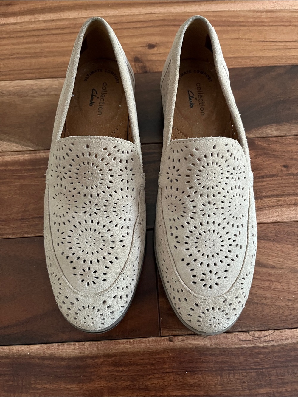 Clarks Women’s Light Beige Laser-cut Suede Loafers